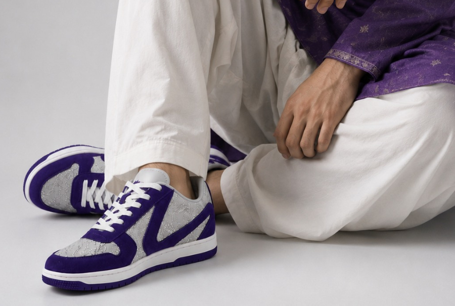 Purple and white NAAW sneakers worn with white trousers