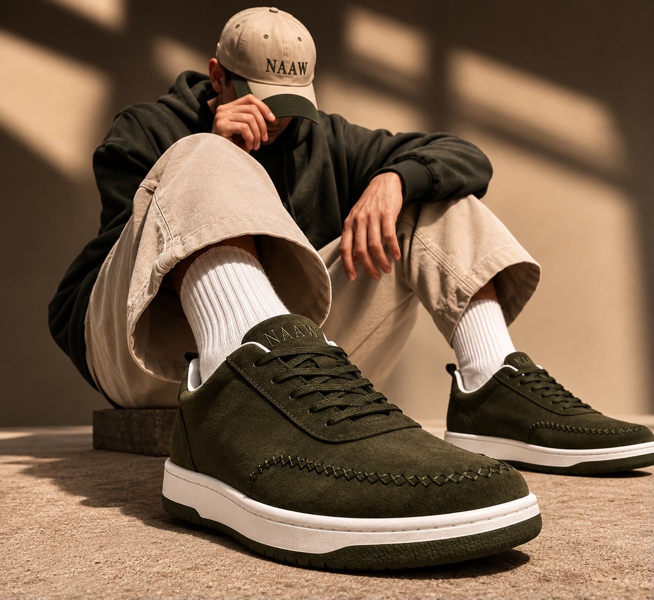 Person in a beige hoodie and NAAW cap crouching in sunlight, wearing olive green suede NAAW sneakers